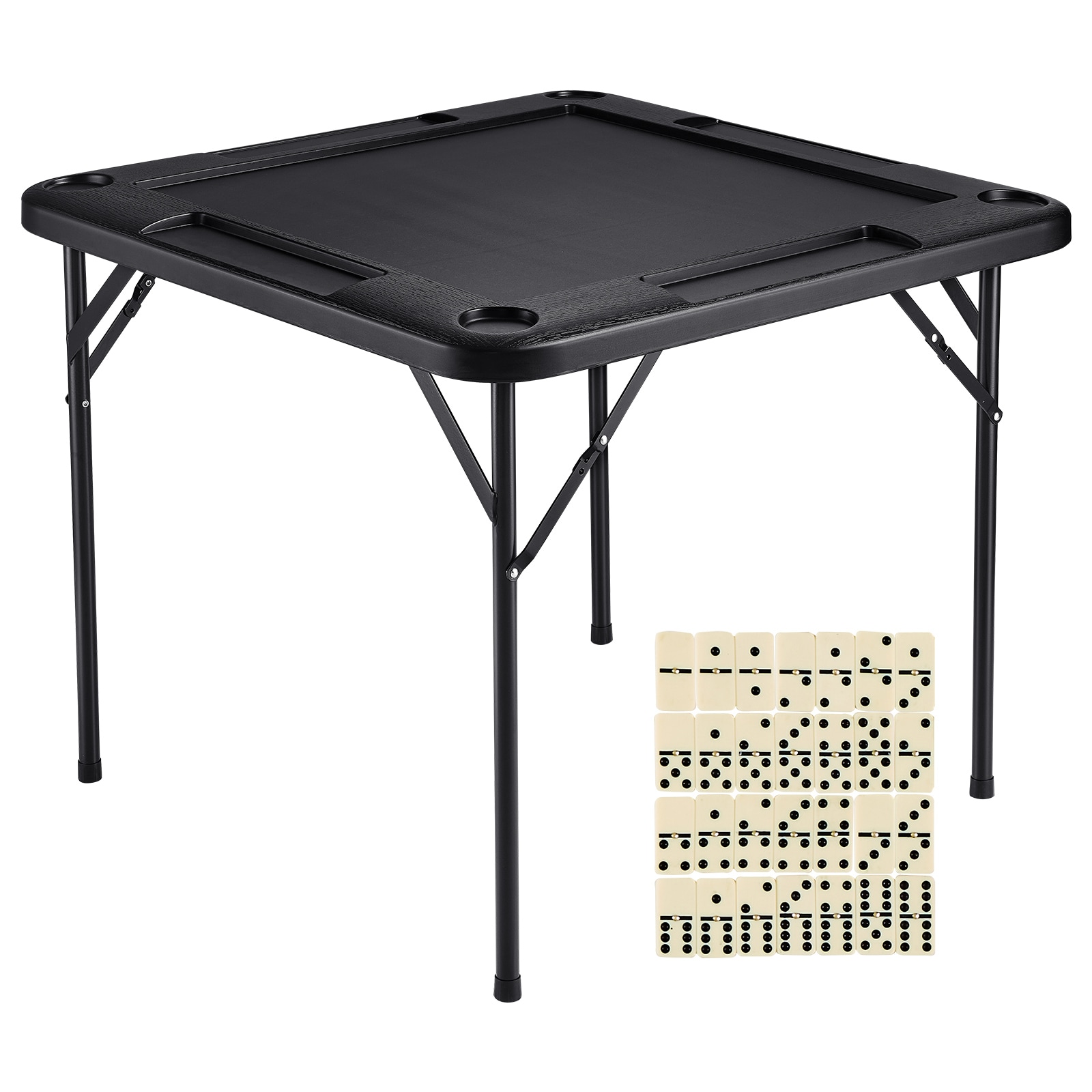 Mahjong Table 4 Player Folding Card Table & 4 Cup Holders Chip Trays Black_voghion.com